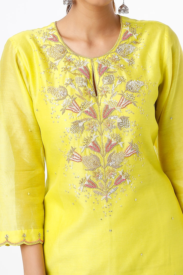 Yellow Hand Embroidered Kurta by One not two at Pernia's Pop Up Shop