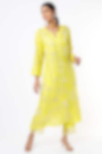 Yellow Floral Embroidered A-Line Kurta by One not two at Pernia's Pop Up Shop
