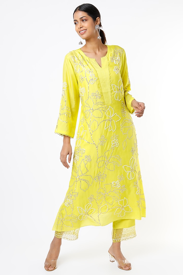 Yellow Floral Embroidered A-Line Kurta by One not two at Pernia's Pop Up Shop