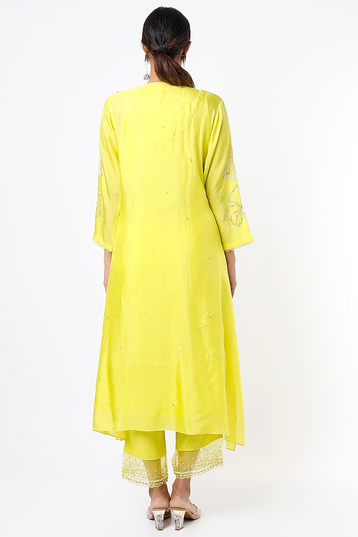 Yellow Floral Embroidered A-Line Kurta by One not two at Pernia's Pop Up Shop