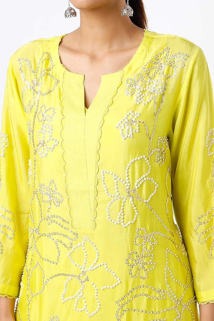 Yellow Floral Embroidered A-Line Kurta by One not two at Pernia's Pop Up Shop