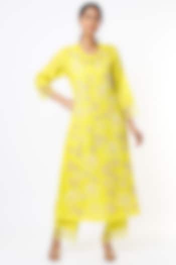 Yellow Embroidered A-Line Paneled Kurta by One not two