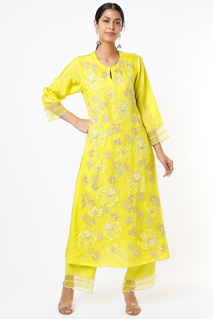 Yellow Embroidered A-Line Paneled Kurta by One not two