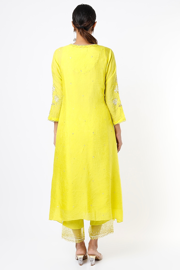 Yellow A-Line Kurta With Hand Embroidery by One not two at Pernia's Pop Up Shop