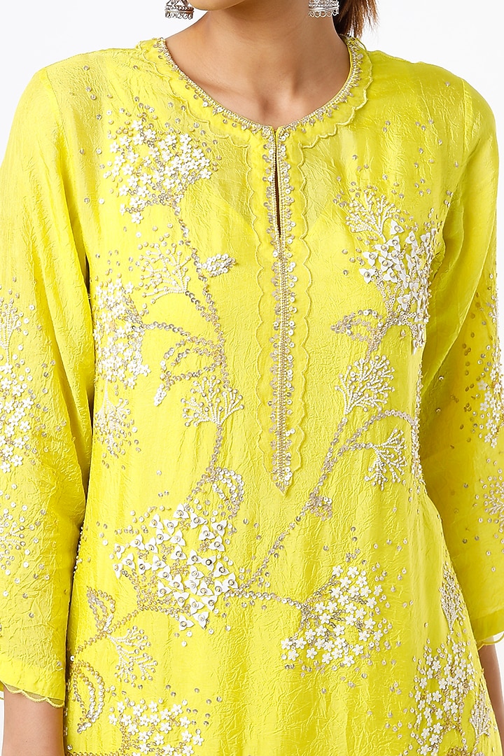 Yellow A-Line Kurta With Hand Embroidery by One not two at Pernia's Pop Up Shop