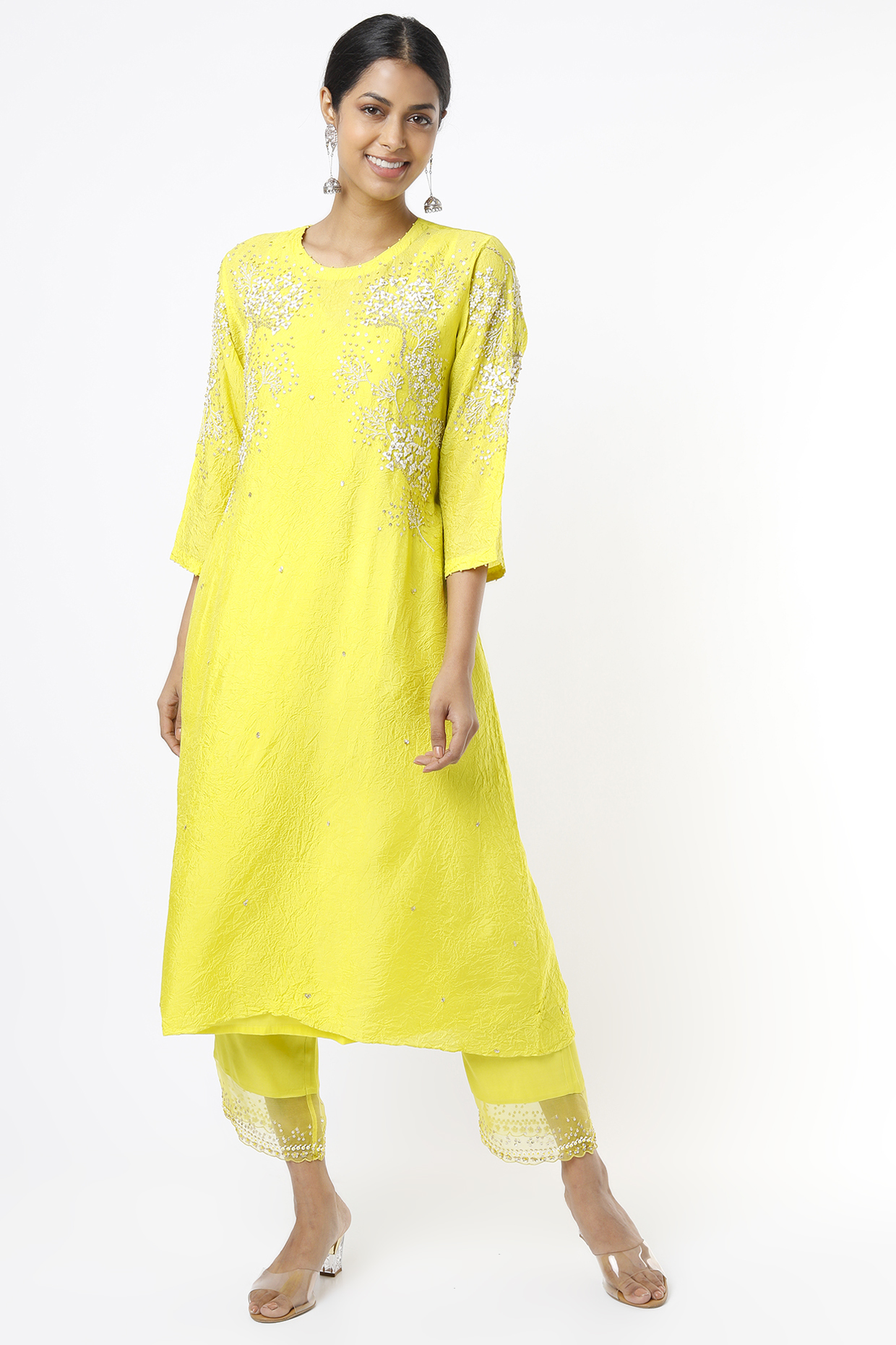 Yellow A-Line Kurta With Floral Hand Embroidery by One not two at Pernia's Pop Up Shop