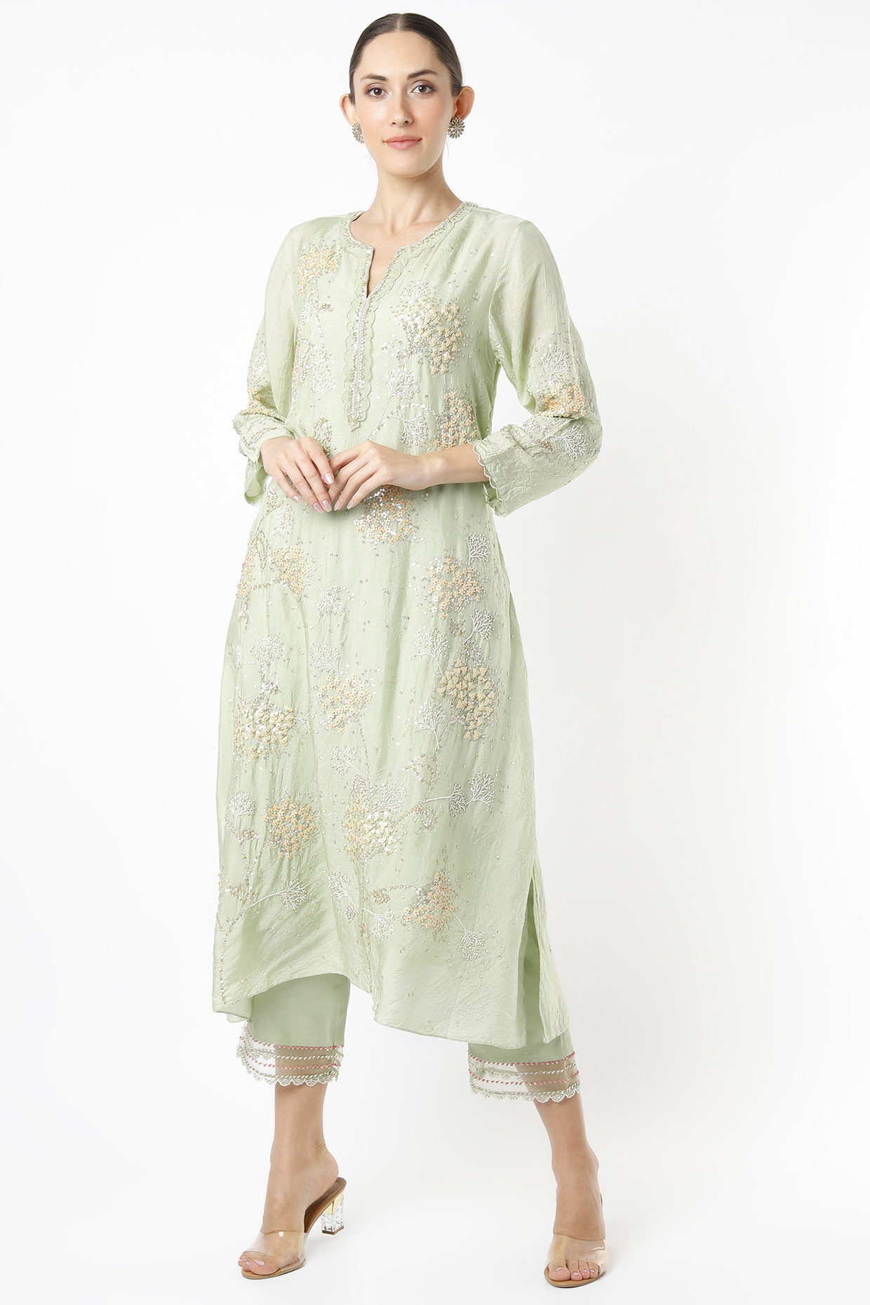 Mist Green Hand Embroidered A-Line Kurta by One not two at Pernia's Pop Up Shop