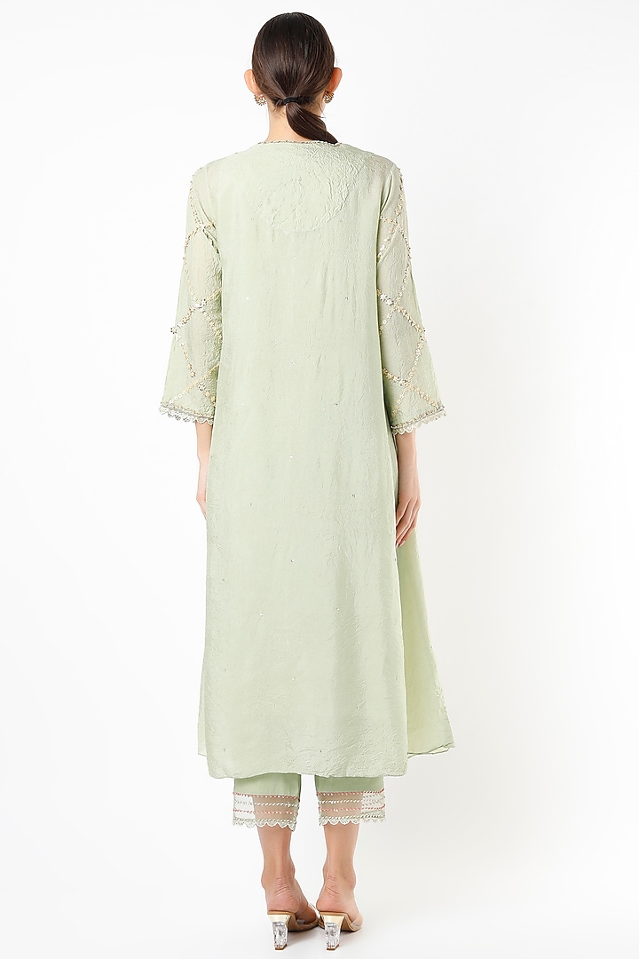 Mist Green Hand Embroidered Paneled Kurta by One not two at Pernia's Pop Up Shop
