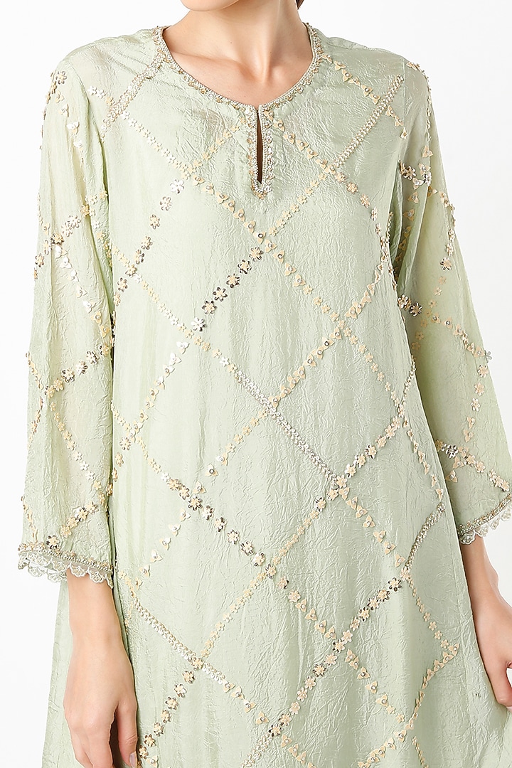 Mist Green Hand Embroidered Paneled Kurta by One not two at Pernia's Pop Up Shop