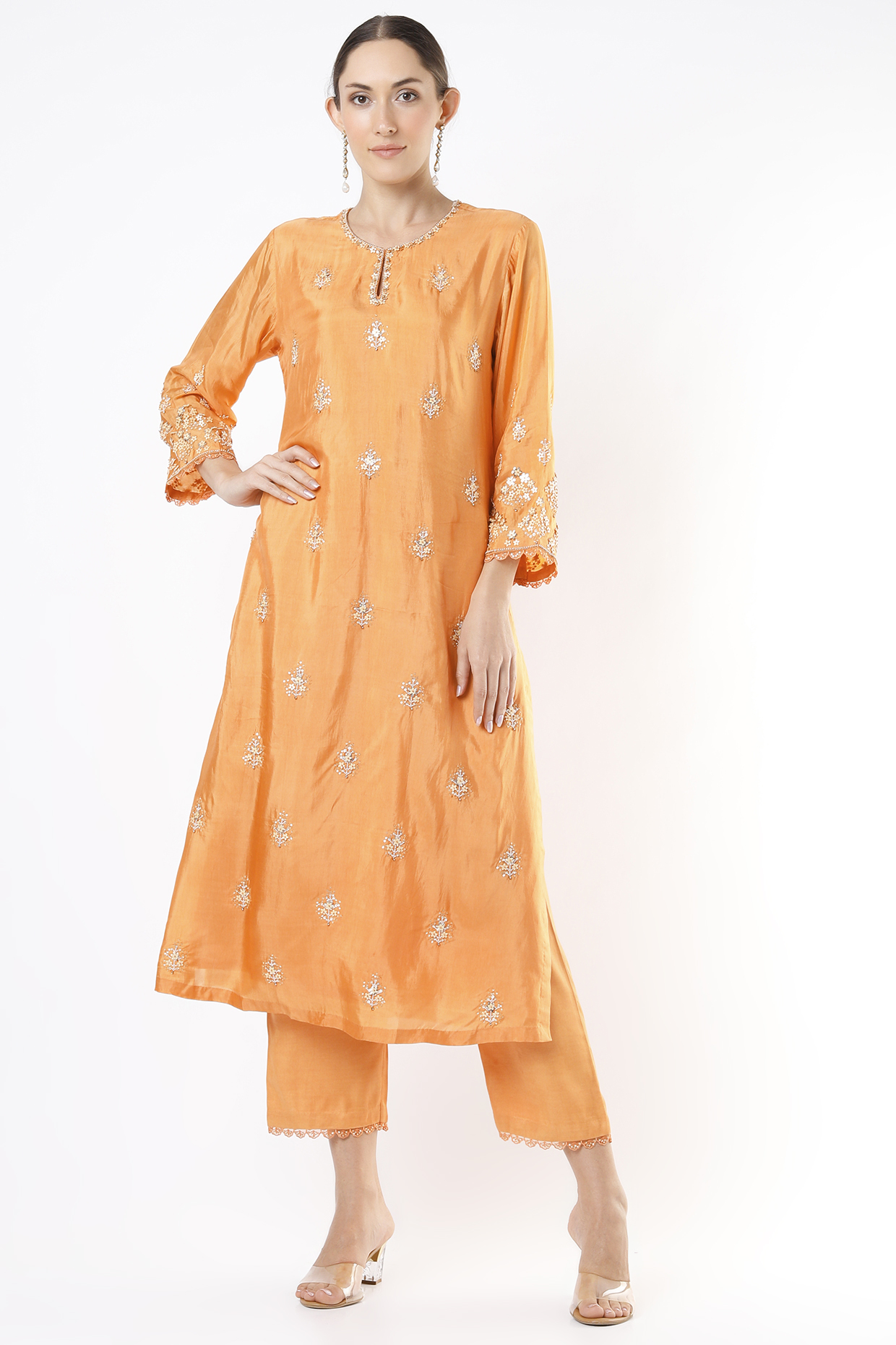 Orange Hand Embroidered Kurta by One not two at Pernia's Pop Up Shop