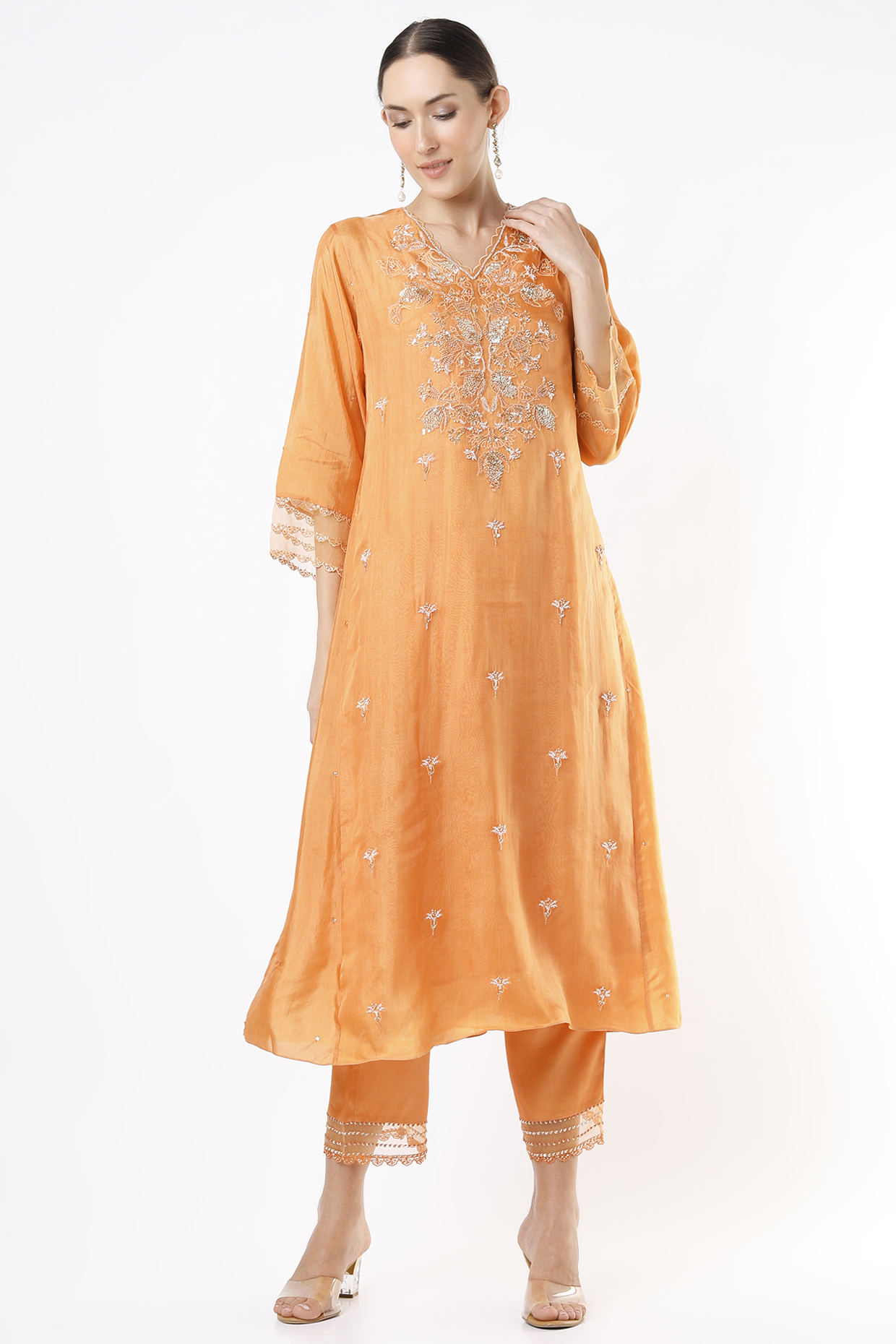 Papaya Orange Embroidered A-Line Kurta by One not two at Pernia's Pop Up Shop
