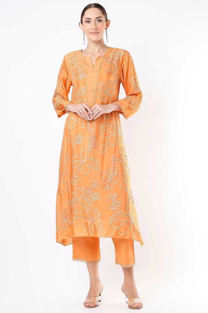 Papaya Orange Hand Embroidered A-Line Kurta by One not two