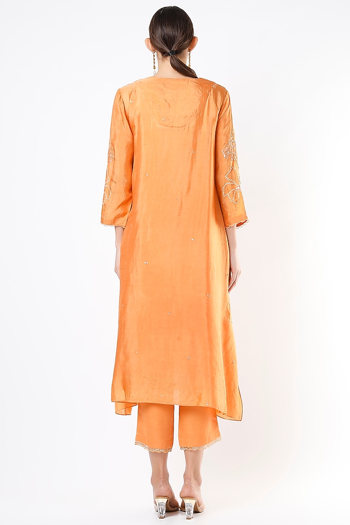 Papaya Orange Hand Embroidered A-Line Kurta by One not two at Pernia's Pop Up Shop