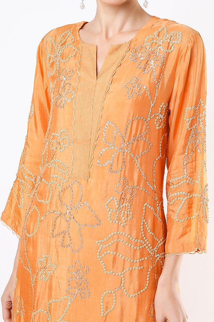 Papaya Orange Hand Embroidered A-Line Kurta by One not two at Pernia's Pop Up Shop