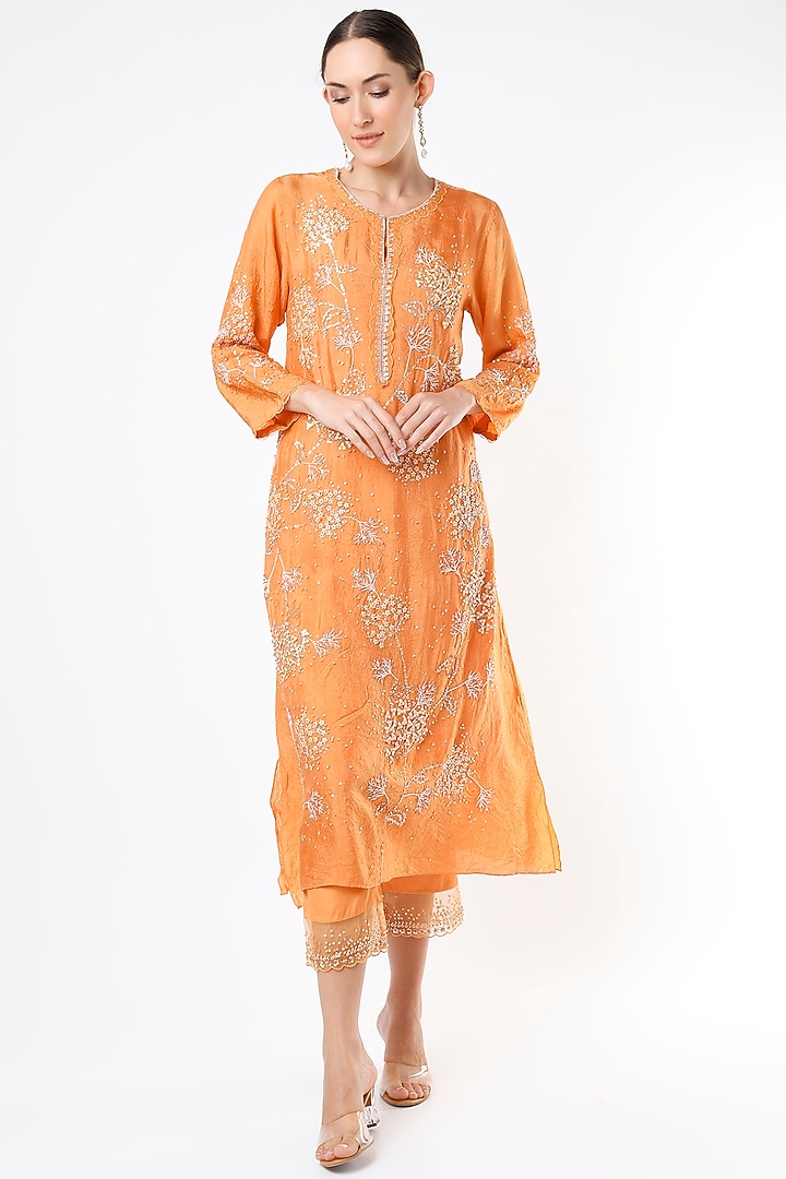 Papaya Orange A-Line Kurta With Hand Embroidery by One not two at Pernia's Pop Up Shop