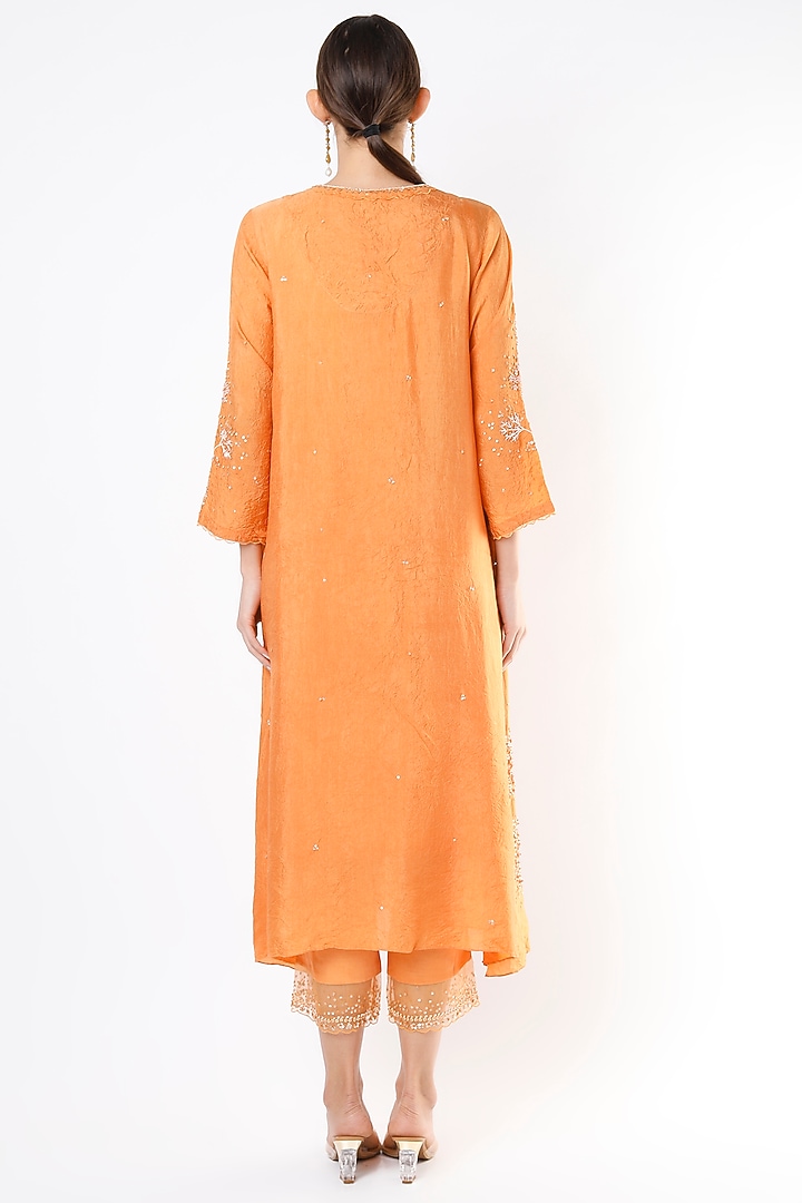 Papaya Orange A-Line Kurta With Hand Embroidery by One not two at Pernia's Pop Up Shop