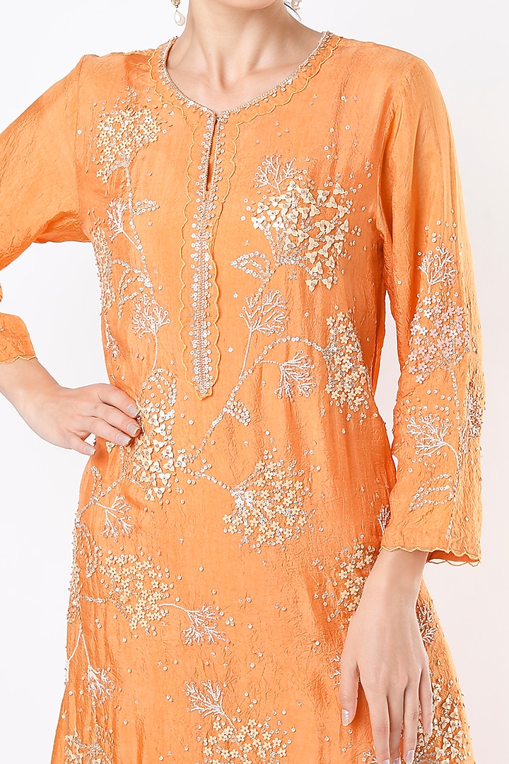 Papaya Orange A-Line Kurta With Hand Embroidery by One not two at Pernia's Pop Up Shop