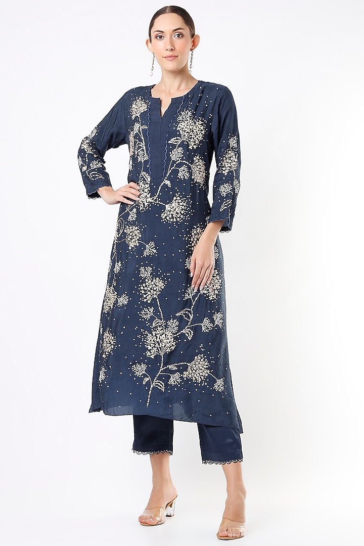 Navy Hand Embroidered Paneled Kurta by One not two