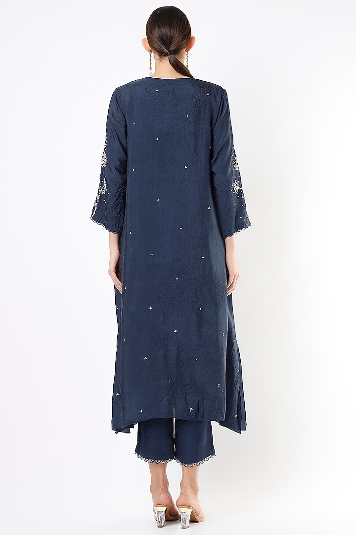 Navy Hand Embroidered Paneled Kurta by One not two at Pernia's Pop Up Shop