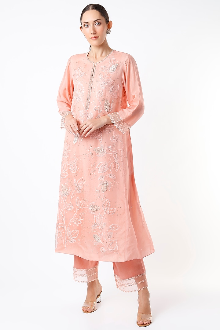 Blush Pink Embroidered A-Line Kurta by One not two