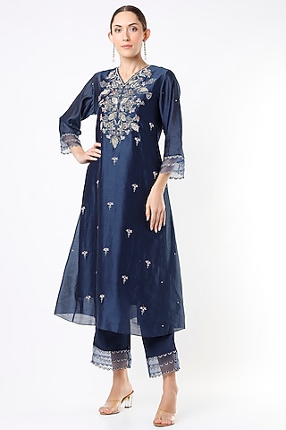 Navy Blue Embroidered Palazzo Pants by One not two