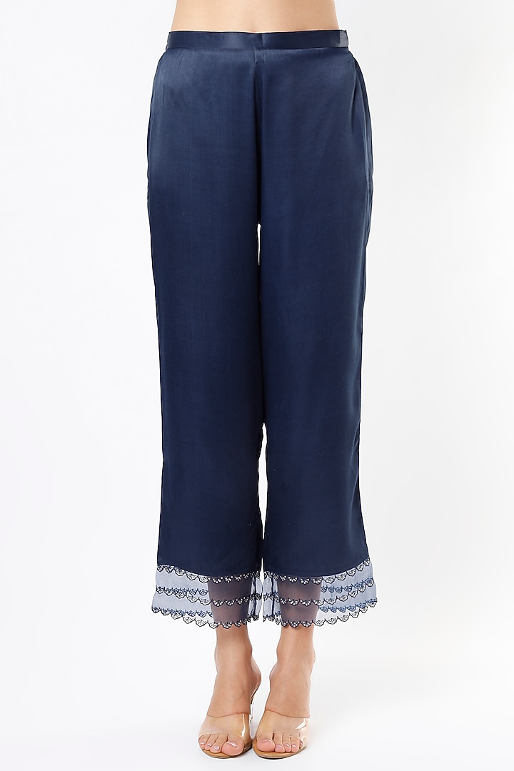 Navy Blue Embroidered Palazzo Pants by One not two at Pernia's Pop Up Shop