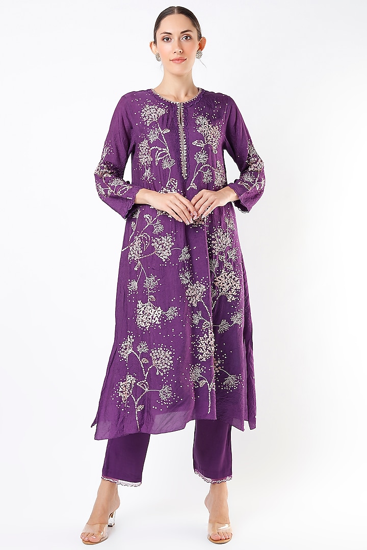 Violet Hand Embroidered A-Line Kurta by One not two