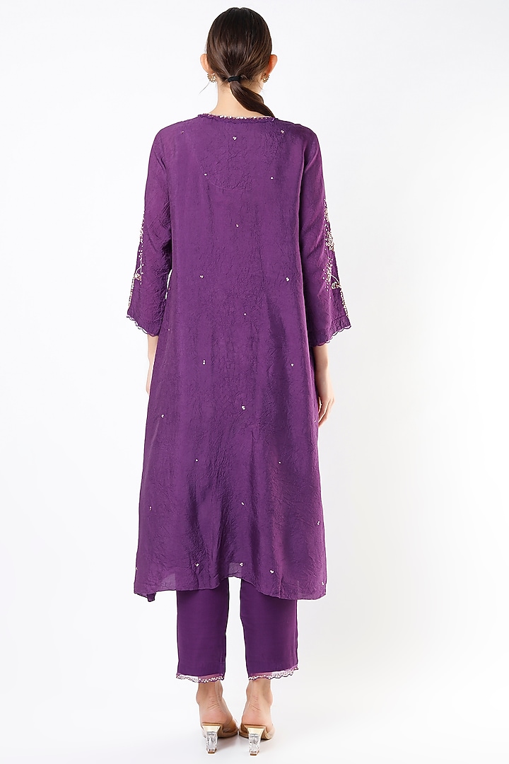 Violet Hand Embroidered A-Line Kurta by One not two at Pernia's Pop Up Shop