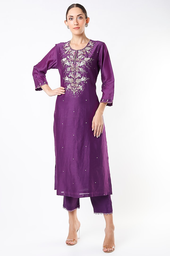 Violet Hand Embroidered Kurta by One not two