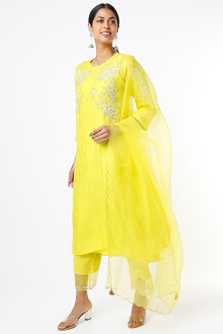 Mustard Silk Organza Sequins Embroidered Dupatta by One not two at Pernia's Pop Up Shop