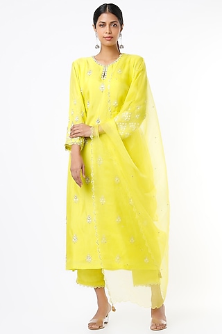 Mustard Silk Organza Thread & Sequins Embroidered Dupatta by One not two