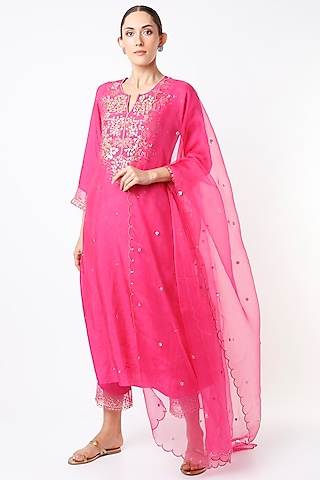 Hot Pink Silk Organza Sequins Embroidered Dupatta by One not two