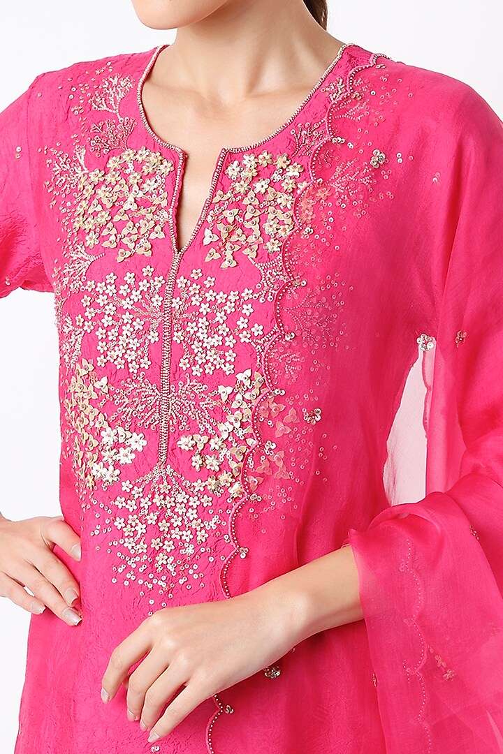 Hot Pink Silk Organza Sequins Embroidered Dupatta by One not two at Pernia's Pop Up Shop