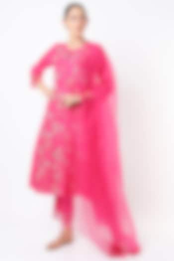 Hot Pink Silk Organza Sequins Embroidered Dupatta by One not two at Pernia's Pop Up Shop