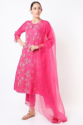 Hot Pink Silk Organza Sequins Embroidered Dupatta by One not two