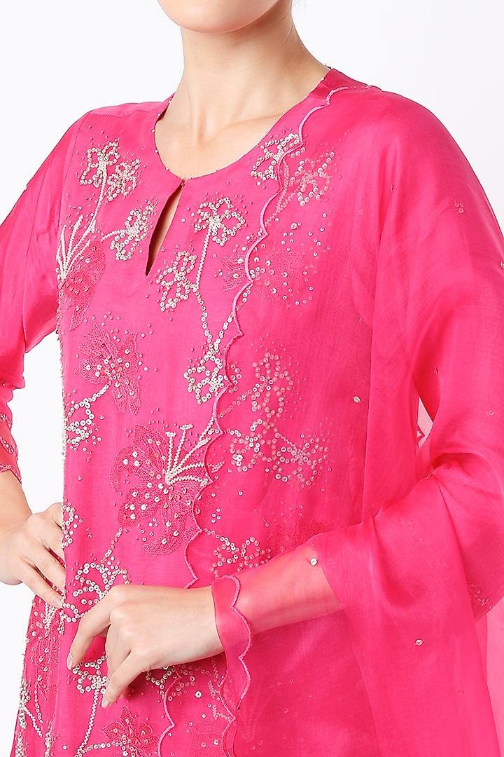 Hot Pink Silk Organza Sequins Embroidered Dupatta by One not two at Pernia's Pop Up Shop