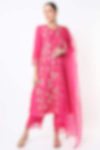 Hot Pink Silk Organza Sequins Embroidered Dupatta by One not two at Pernia's Pop Up Shop