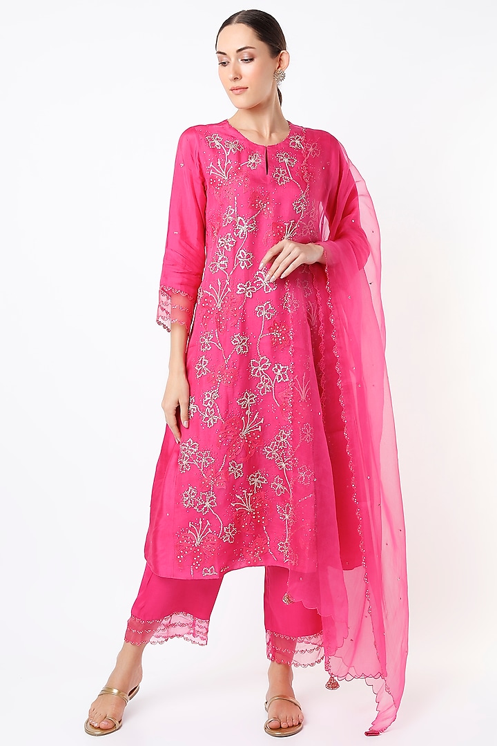 Hot Pink Silk Organza Sequins Embroidered Dupatta by One not two at Pernia's Pop Up Shop