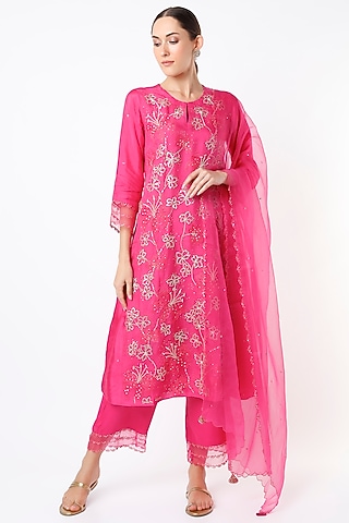 Hot Pink Silk Organza Sequins Embroidered Dupatta by One not two