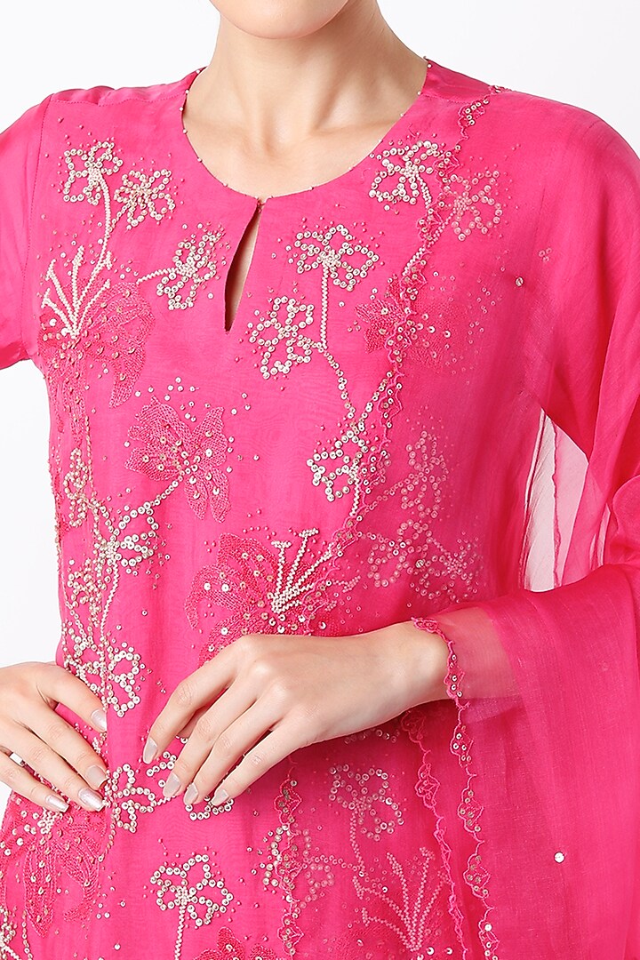 Hot Pink Silk Organza Sequins Embroidered Dupatta by One not two at Pernia's Pop Up Shop