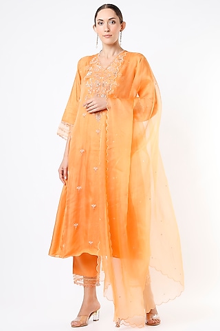 Papaya Silk Organza Sequins Embroidered Dupatta by One not two