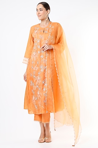 Papaya Silk Organza Sequins Embroidered Dupatta by One not two