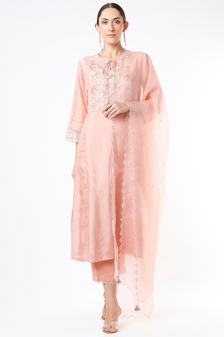 Blush Pink Silk Organza Sequins Embroidered Dupatta by One not two at Pernia's Pop Up Shop