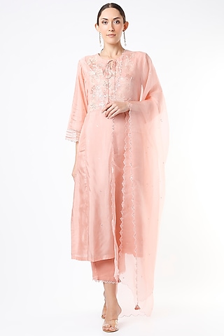 Blush Pink Silk Organza Sequins Embroidered Dupatta by One not two
