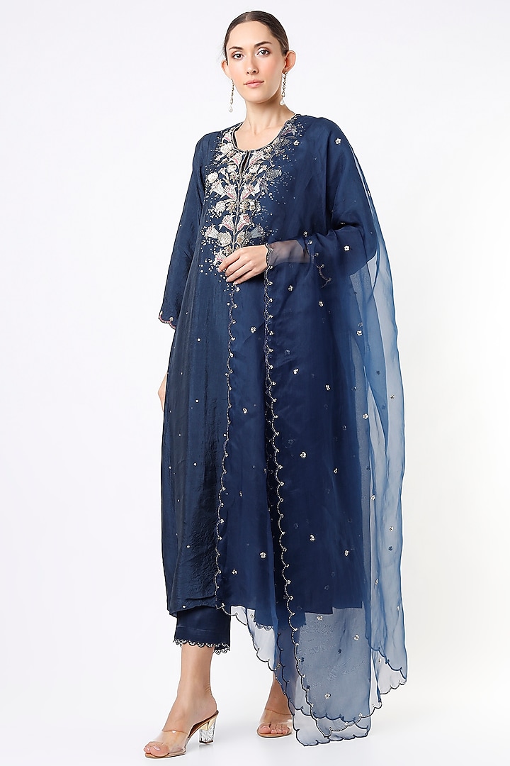 Navy Silk Organza Sequins Embroidered Dupatta by One not two at Pernia's Pop Up Shop