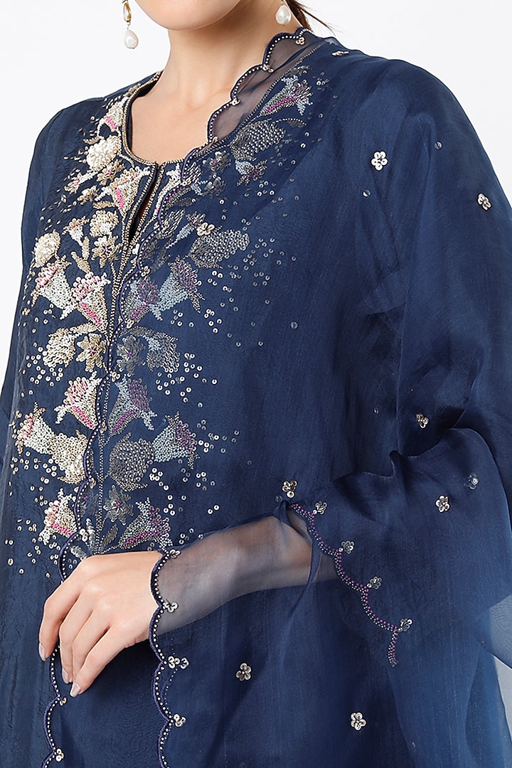 Navy Silk Organza Sequins Embroidered Dupatta by One not two at Pernia's Pop Up Shop