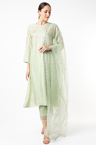 Mint Green Silk Organza Sequins Embroidered Dupatta by One not two