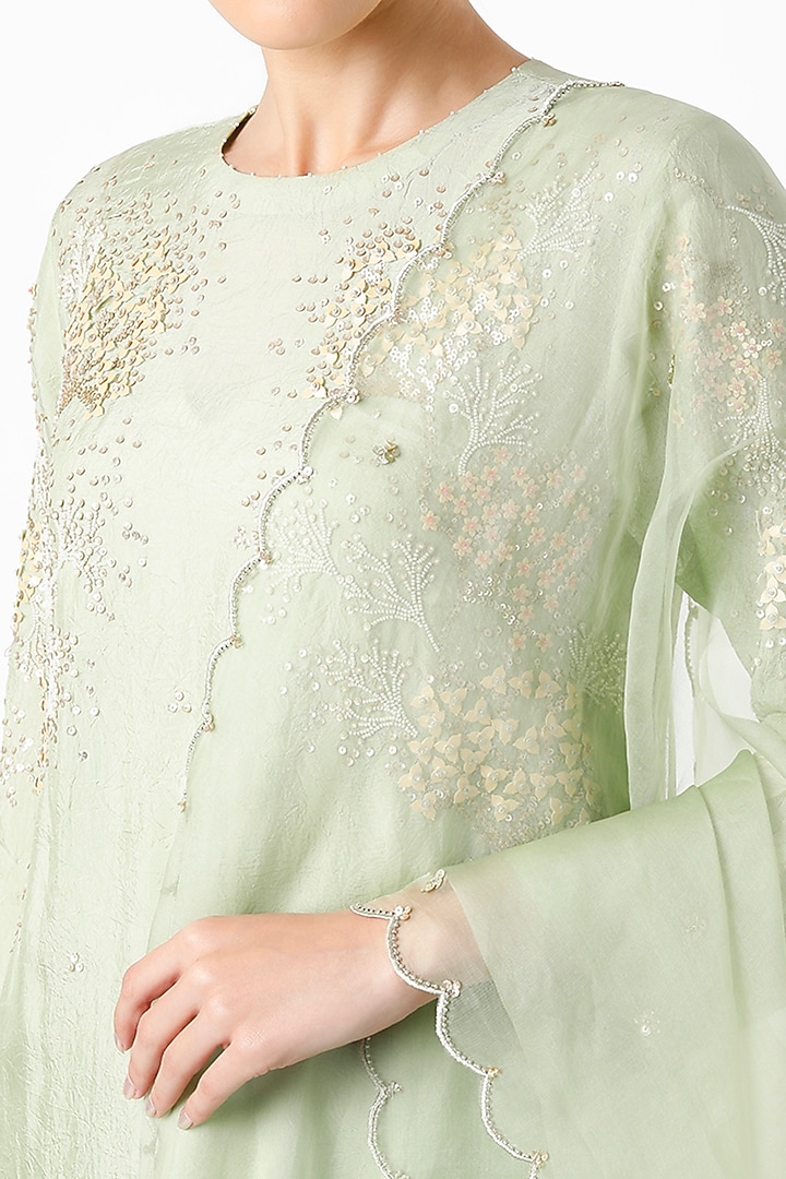 Mint Green Silk Organza Sequins Embroidered Dupatta by One not two at Pernia's Pop Up Shop