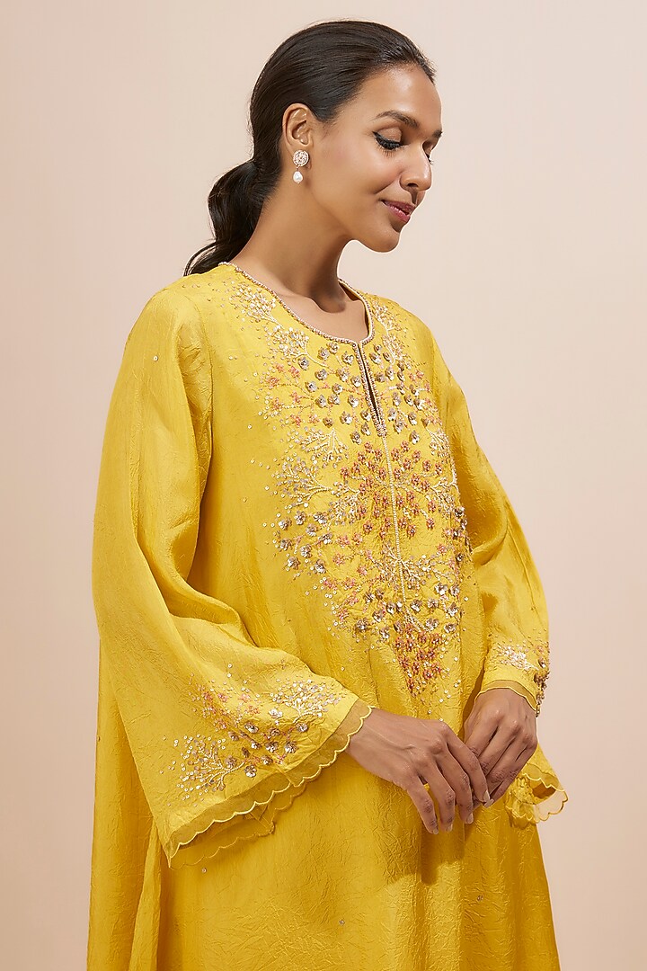 Mango Yellow Viscose Silk Floral Sequins Embroidered Kurta by One not two at Pernia's Pop Up Shop