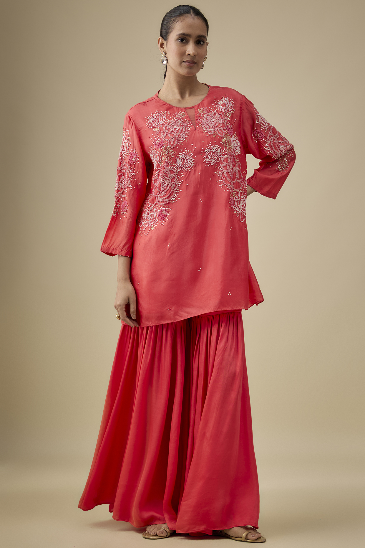 Scarlet Red Modal Satin Floral Sequins Embroidered Party Wear Sharara Set by One not two at Pernia's Pop Up Shop